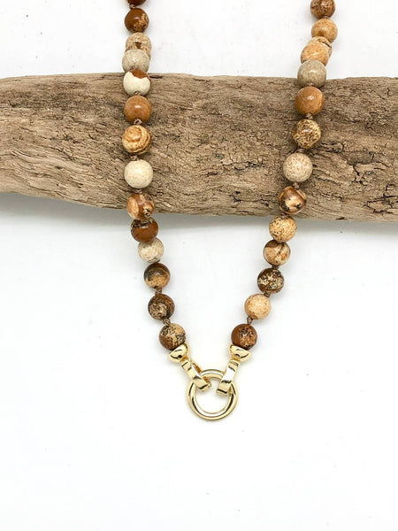 Necklace - PIcture Jasper Double Knotted 8mm w/Gold Clasp