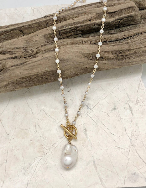 Necklace - Baroque Pearl w/Glass Rosary Chain