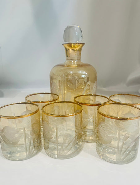 Estate Collectyion - Vintage Crystal Etched Gold Trim Decanter With Lowball Tumblers