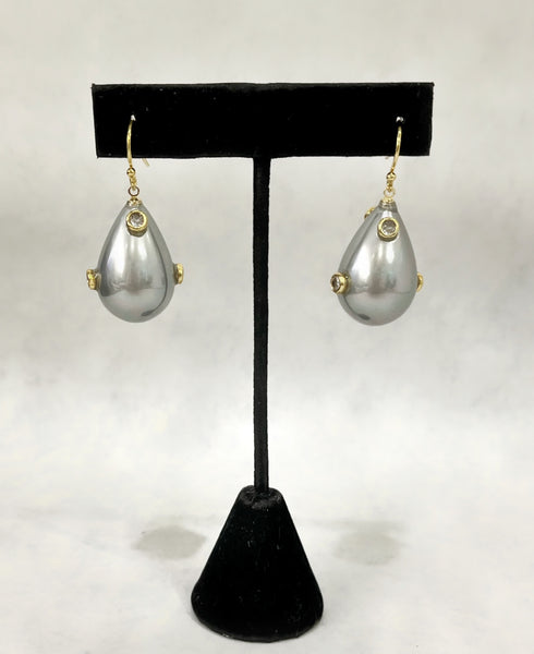Earrings -  Grey Lacquered Stone Drops W/Gold stone Accents