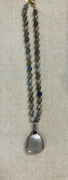 Necklace - Antique French Sterling Baby Rattle on Labradorite Chain