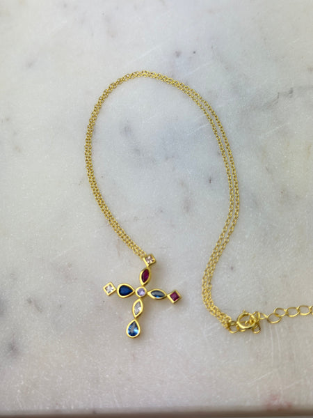 Necklace - Multi-Colored Gemstone Cross on Gold Chain