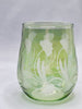 Glasses -  Stemless Wine Fine Green Egyptian Etched Glass - Set of Two