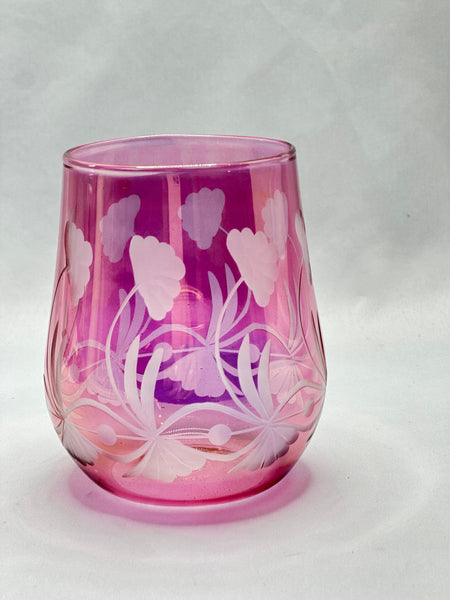 Glasses -  Stemless Wine Fine Pink Egyptian Etched Glass - Set of Two