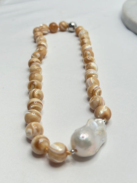 Necklace - Shell Stones & White Baroque Pearl