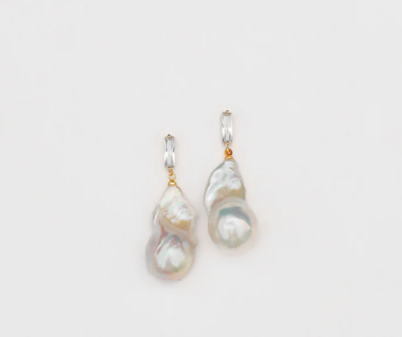 Earrings - Rectangle Diamond + Baroque