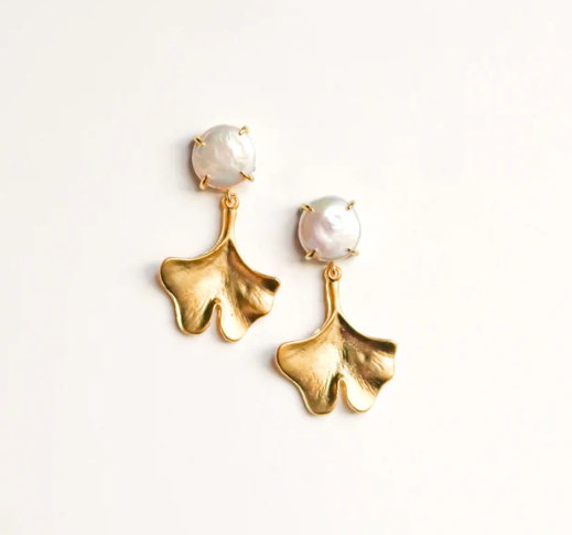 Earrings - Freshwater Pearls + Gold Ginkgo