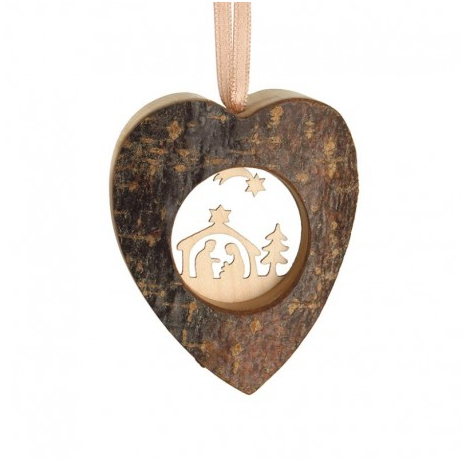 Ornament - Natural Wooden Heart w/Holy Family