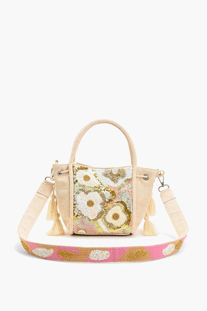 Purse - Embellished Top Handle Crossbody-Natural Floral