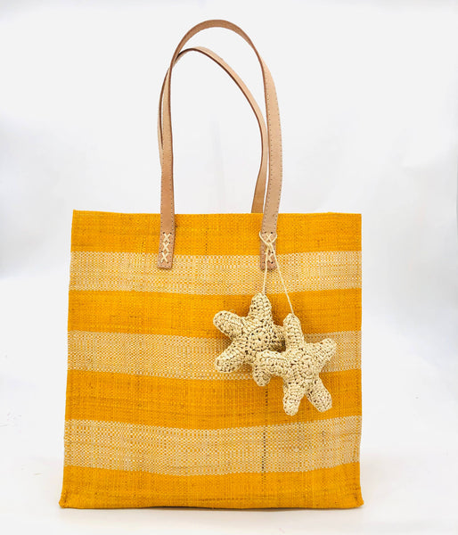 Tote - Starfish Straw Bag with Crochet Starfish Charm Embellishment: Saffron