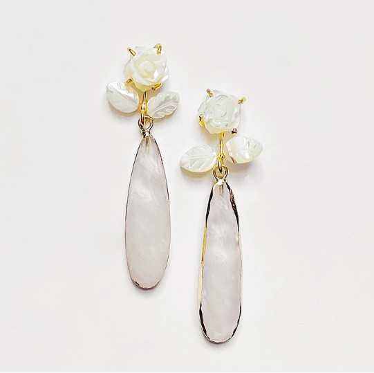 Earrings - Carved Rose + White Quartz