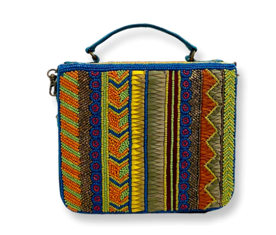 Purse - Hardcase Teal Multicolor Beaded & Leather Handbag