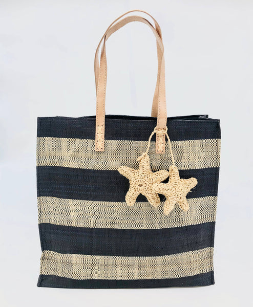 Tote - Starfish Straw Bag with Crochet Starfish Charm Embellishment: Black