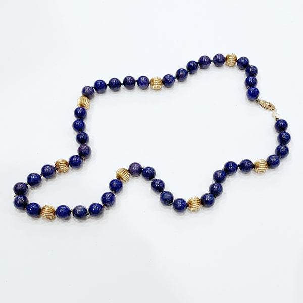 Estate Collection Necklace - 14K Gold Fluted Beads w/Lapis Beads