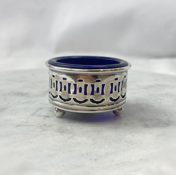 Estate Collection Sterling Salt Cellar with Pierced Sides & Cobalt Glass Interior