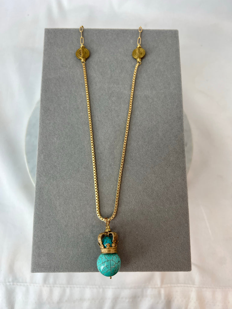 Necklace - Bronze St. Edward's Crown on Turquoise Box/Paperclip Chain