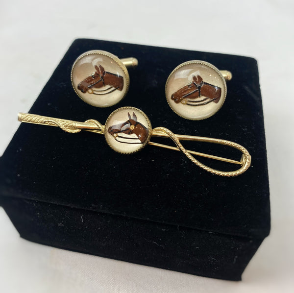 Estate Collection Cufflinks  & Tie Bar - Vintage Glass Equine