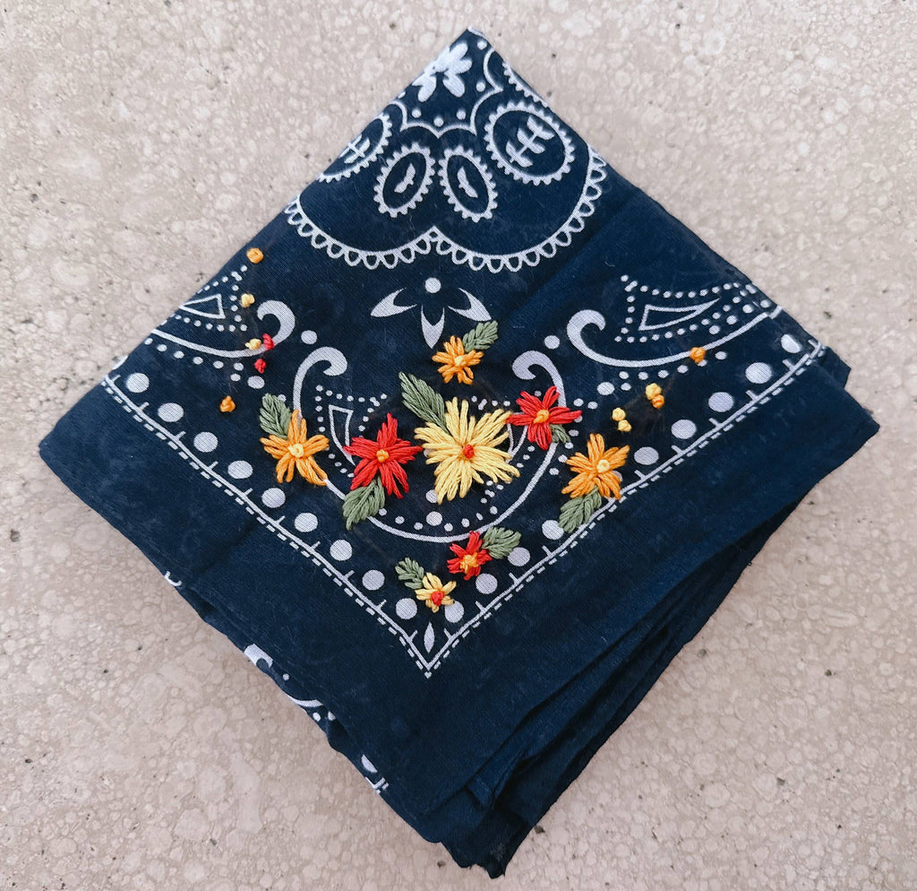 Bandana - Embroidered Navy Bandana With Bright Flowers