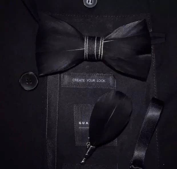 Bow Tie - Black Natural Bird Feather w/Lapel Pin