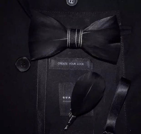 Bow Tie - Black Natural Bird Feather w/Lapel Pin
