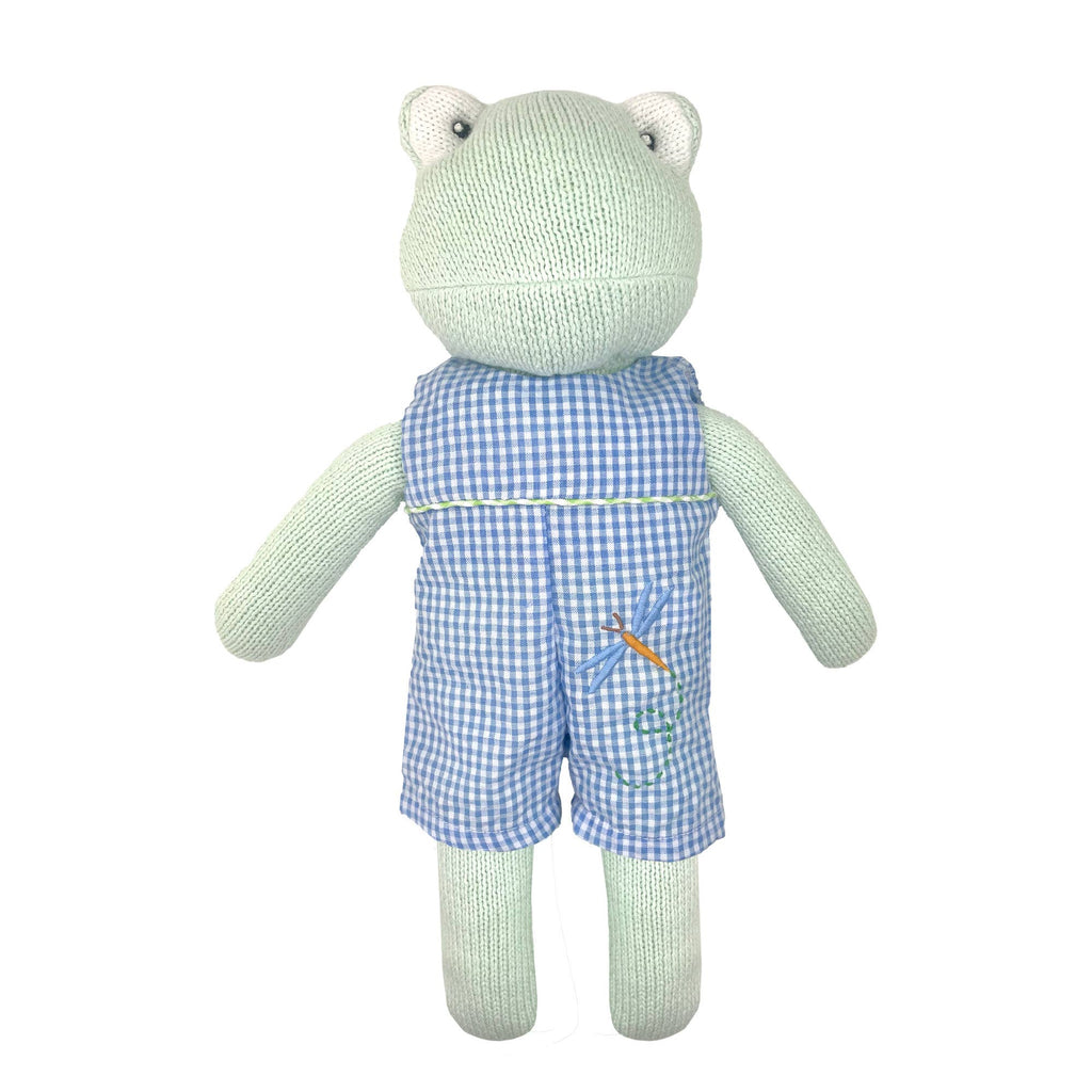 Knit Frog Doll with Blue Check Dragonfly Romper