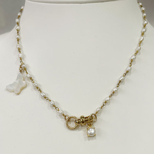 Necklace - Pearl Chain w/ Mother of Pearl Butterfly