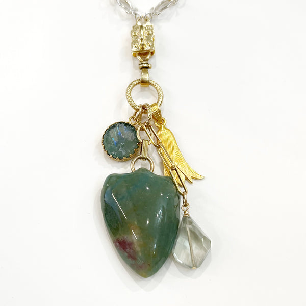 Vignette - Vintage Green Agate Shield w/Roman Glass Drop