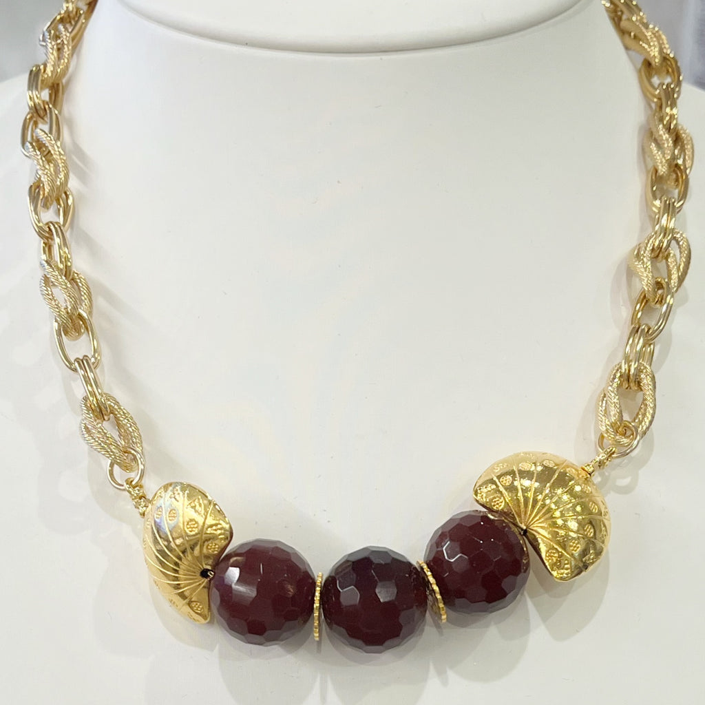 Necklace - Carnelian Ball Trio W/Gold Fan Beads & Chain
