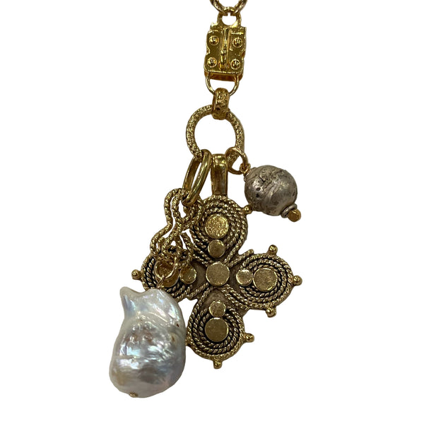 Vignette - Gold Scroll Cross W/Baroque Pearl & Prayer Bead Cluster