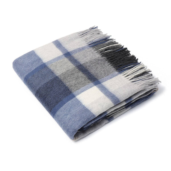 Throw - Scottish Blue & White Plaid Wool Throw Blanket