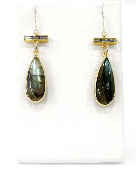 Earrings - Labradorite Trardrops & Moonstone Baguette