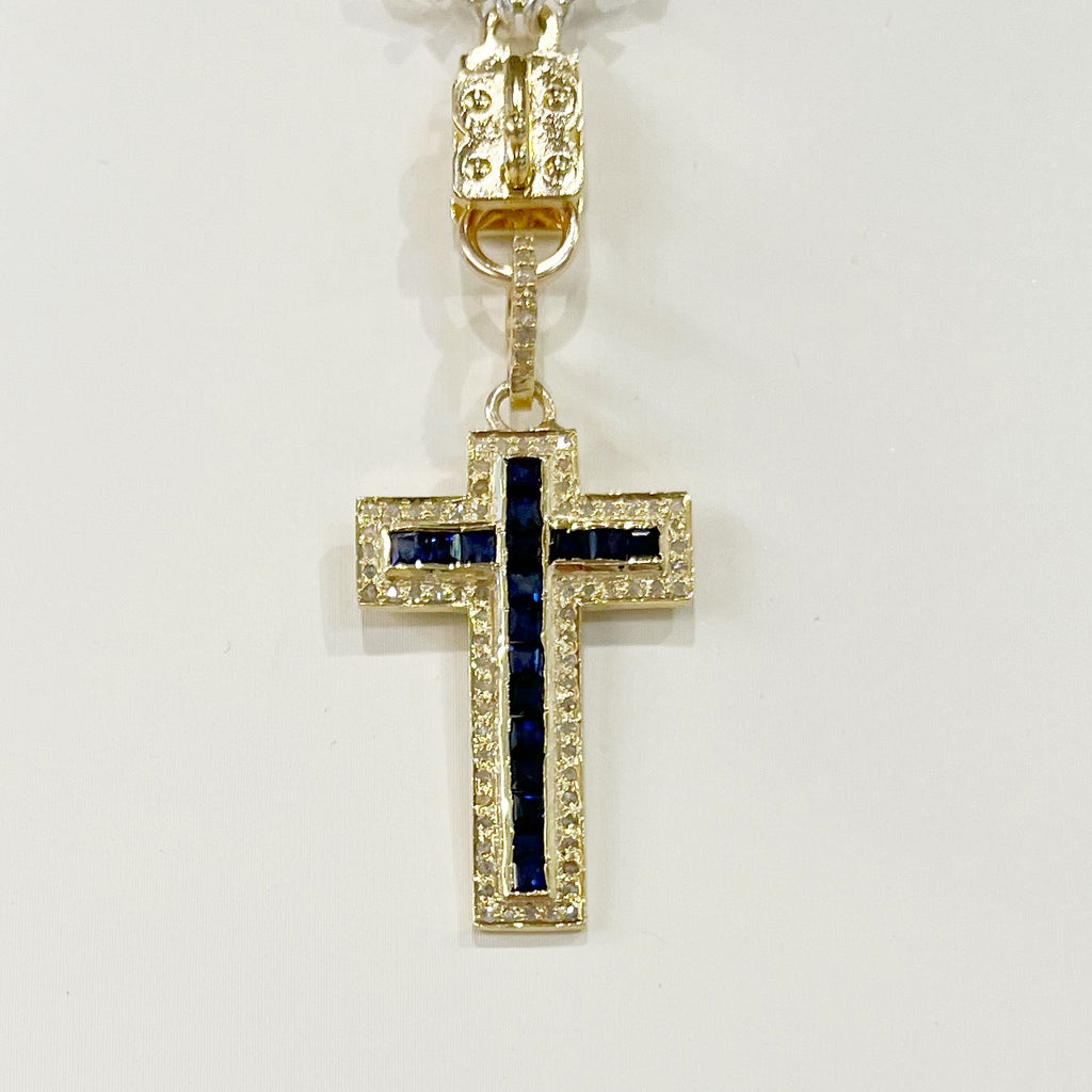 Vignette - Blue Sapphire Baguette & Diamond Cross - Gold