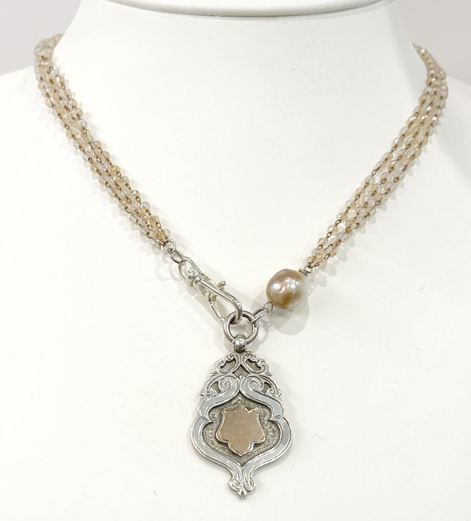 Necklace - Antique Sterling English Watch Fob Necklace w/Pearl & Glass Beads