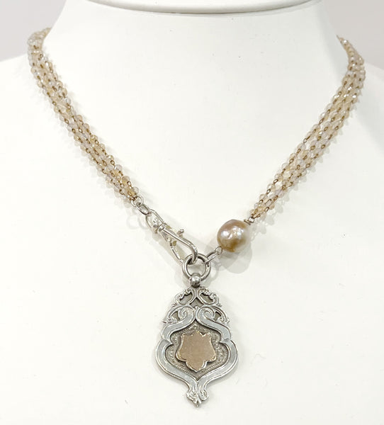 Necklace - Antique Sterling English Watch Fob Necklace w/Pearl & Glass Beads