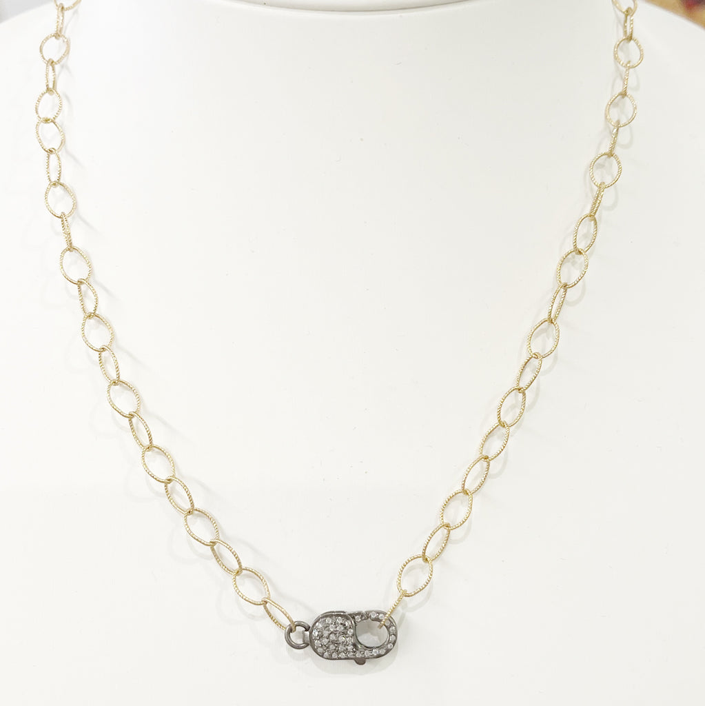Necklace - Cable Chain 14K Gold Filled Chain w/White Topaz & Gunmetal Lobster Clasp