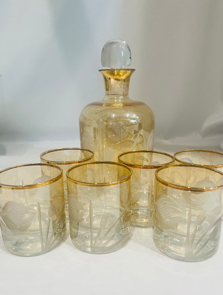 Estate Collectyion - Vintage Crystal Etched Gold Trim Decanter With Lowball Tumblers