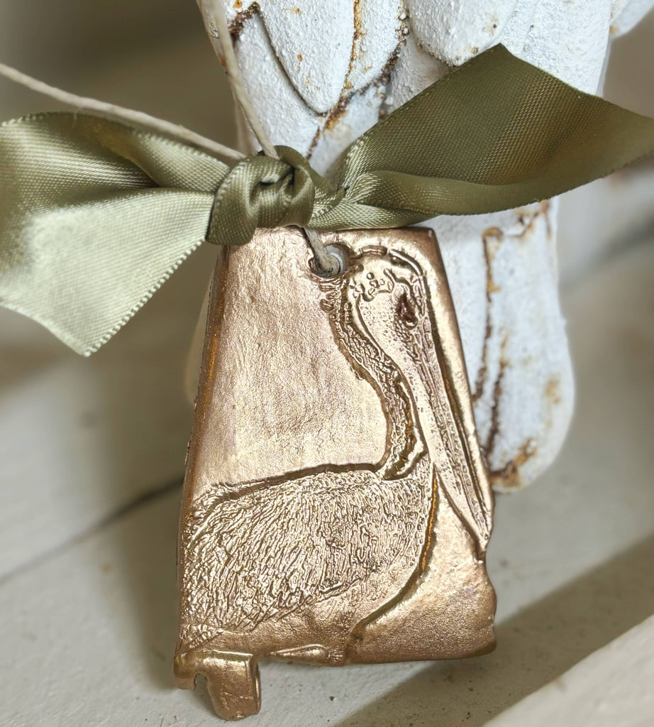 Ornament - Hand Brushed Gold Leaf State of Alabama Pelican Ornament