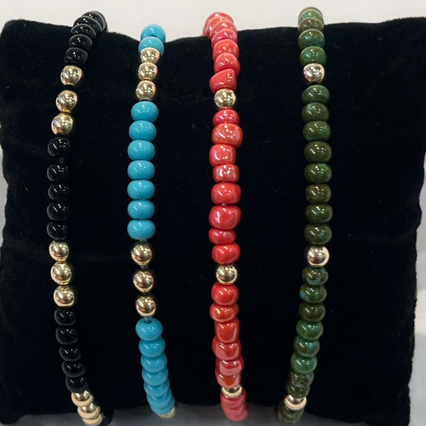 Bracelet - Stretchy Colored Beads w/14KGold Filled Bead Accent