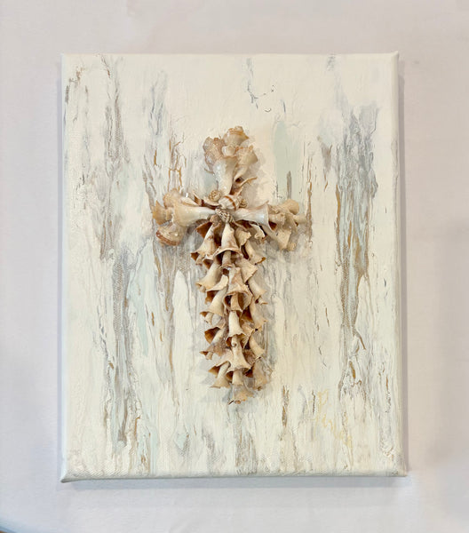 Handmade Seashell Cross on Canvas 10" x 8"