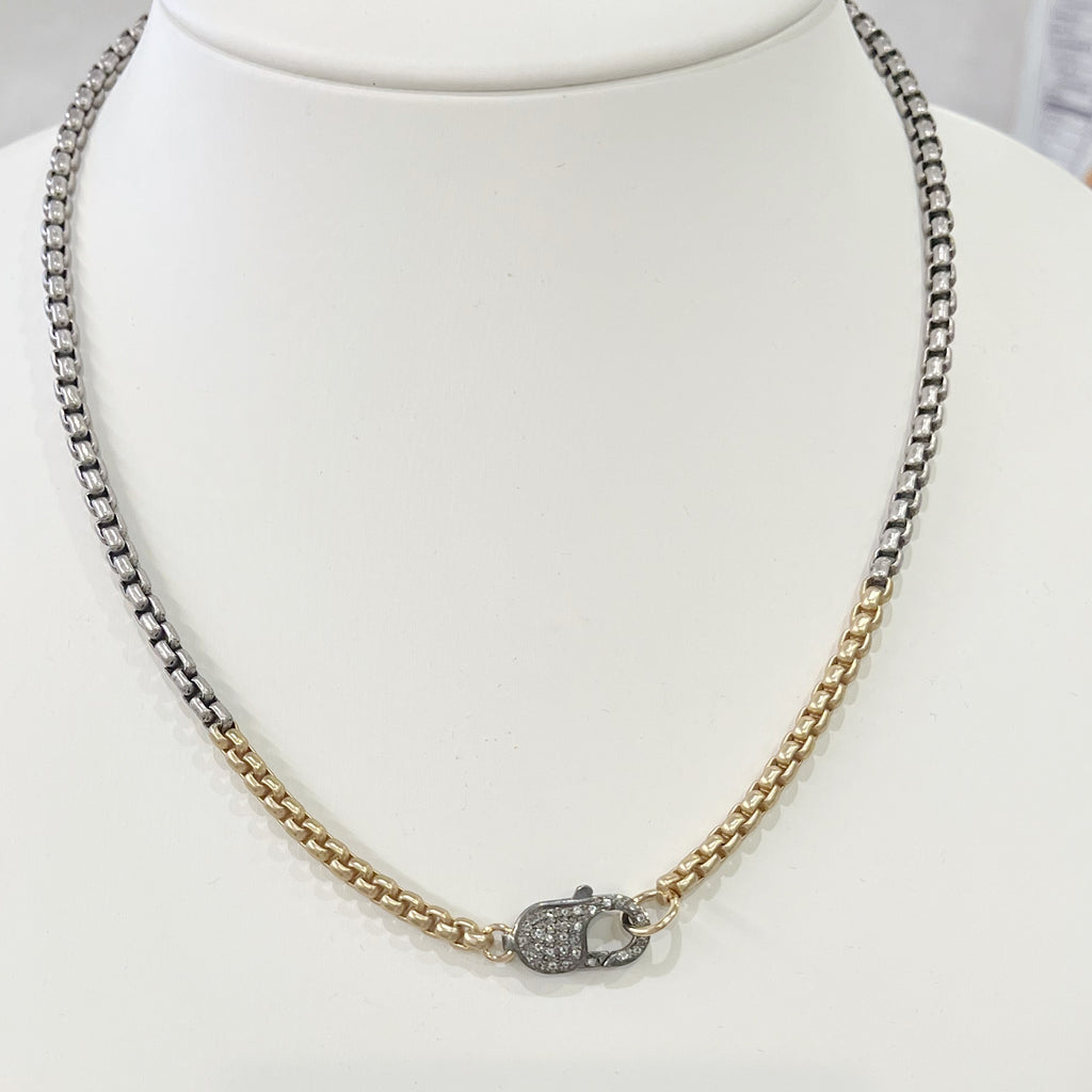 Necklace - Two Tone Box Chain w/White Topaz & Gunmetal Lobster Clasp