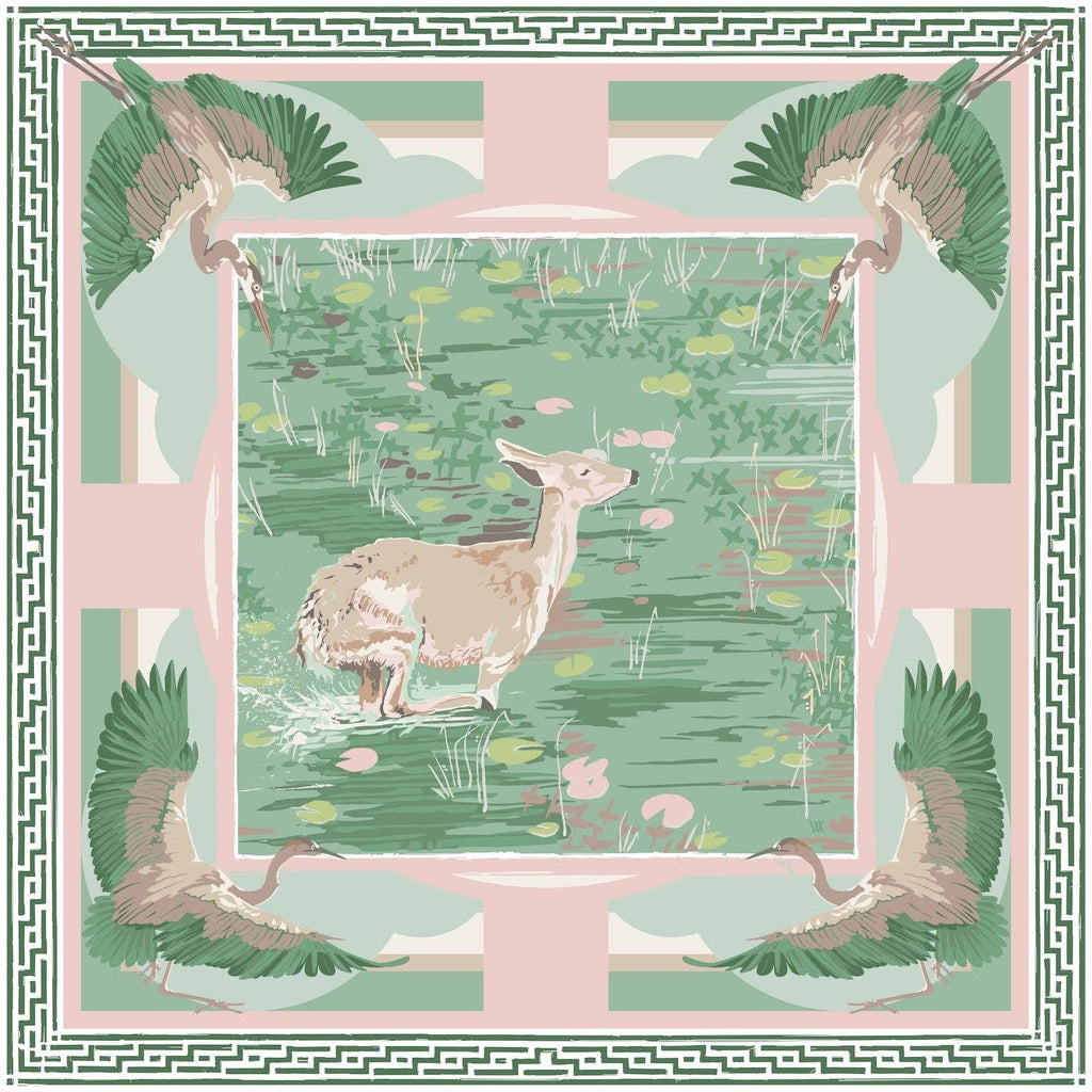 Scarf - Green Pink Lily Pad Doe - Double-Sided Silk Scarf: 25x25