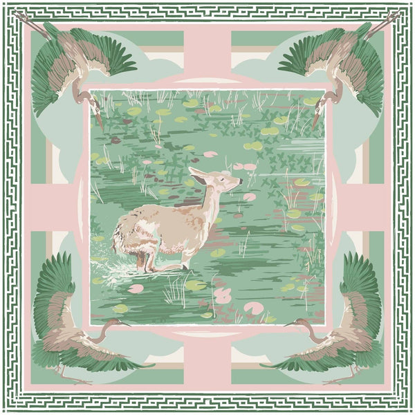 Scarf - Green Pink Lily Pad Doe - Double-Sided Silk Scarf: 25x25