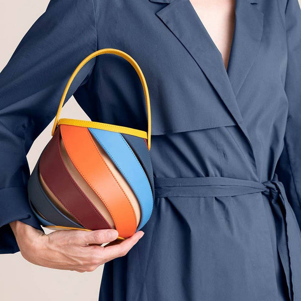 Purse - Cylindrical Contrasting Color Patchwork Bucket Bag - Orange