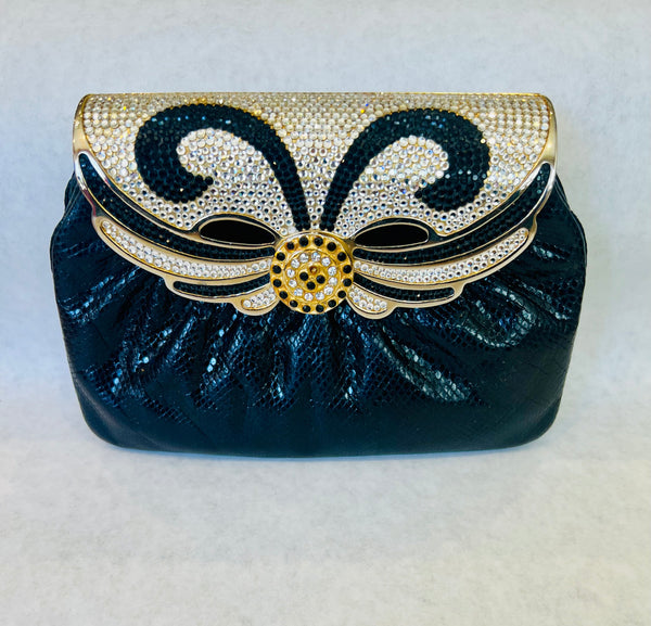 Estate Collection - Purse Vintage Black Snakeskin & Rhinestone Clutch