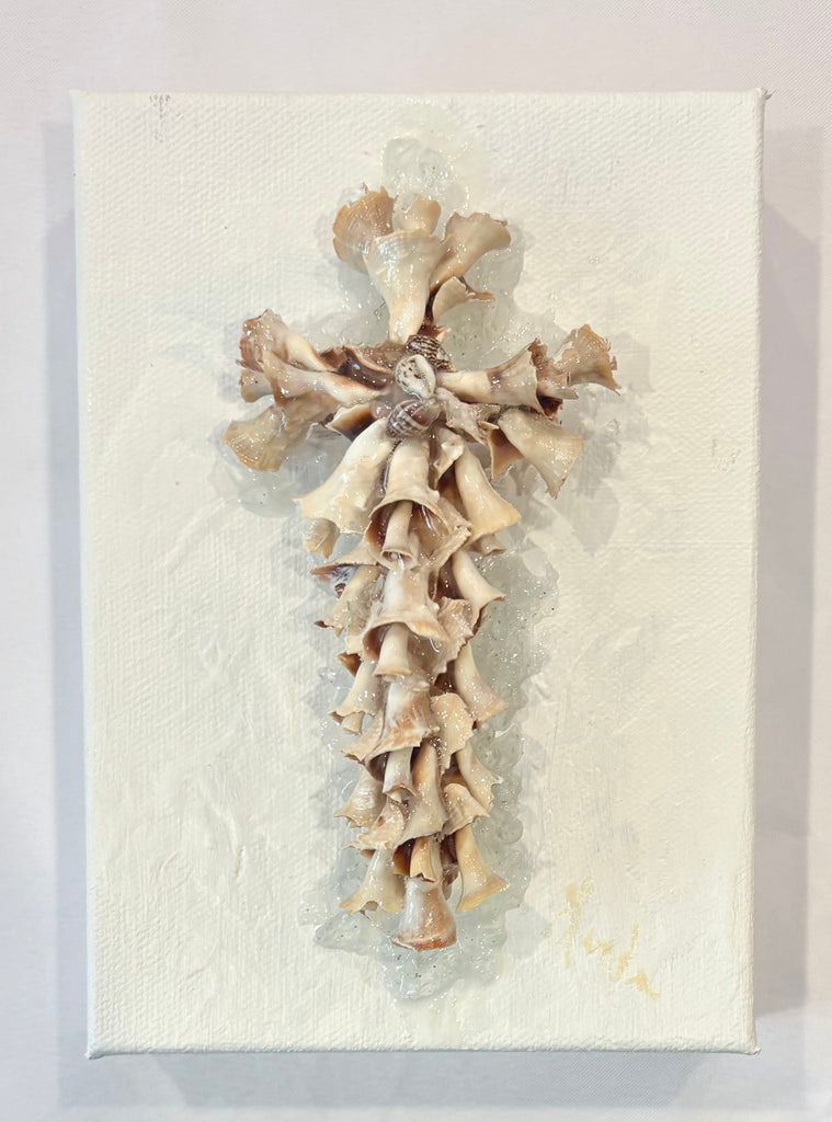Handmade Seashell Cross on Canvas 5"x7"
