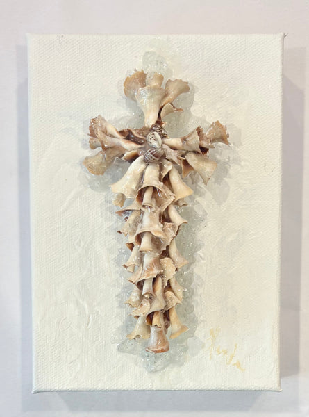 Handmade Seashell Cross on Canvas 5"x7"
