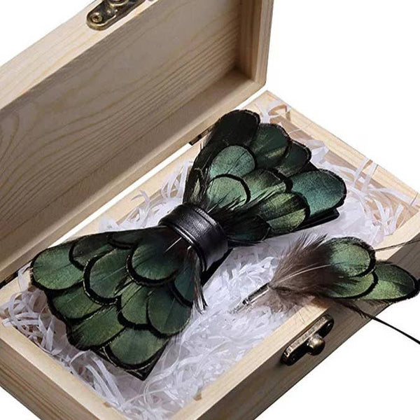 Bow Tie - Green & Black FeatherBowtie W/ Lapel Pin      