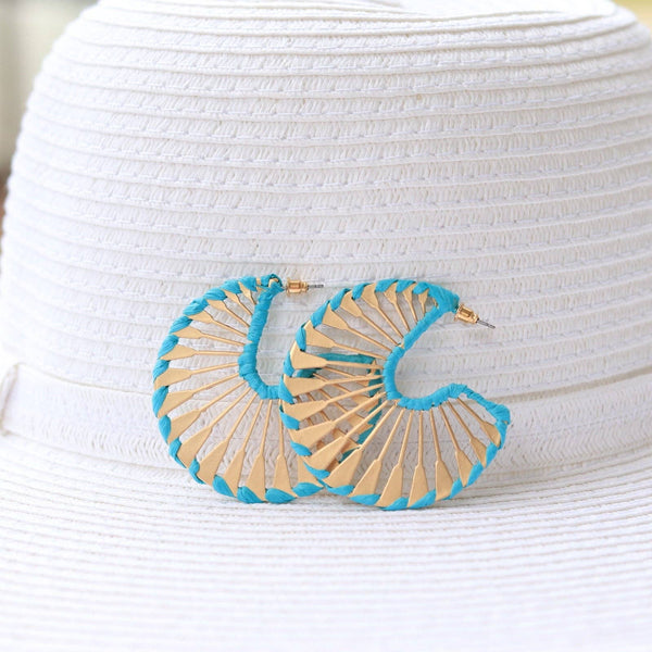 Earrings - Turquoise Rattan Wrapped Gold Fan Hoop Earrings