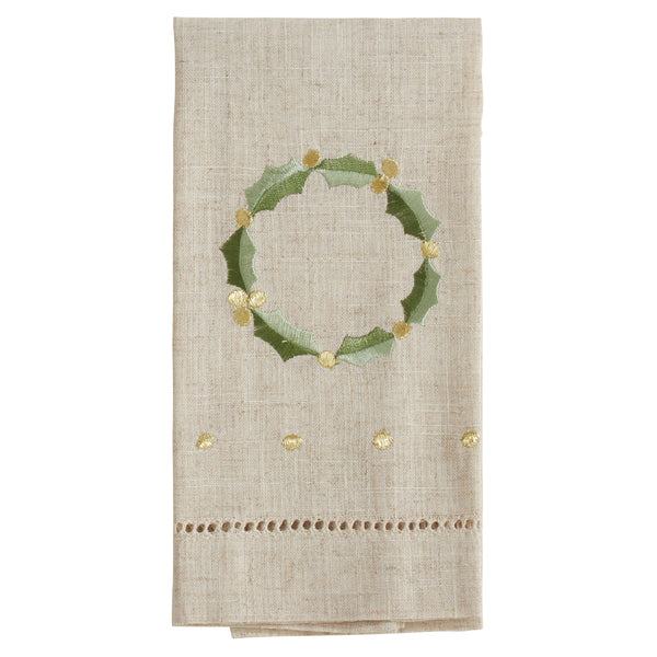 Hand Towel - Embroidered & Hemstitched Wreath Guest Towel