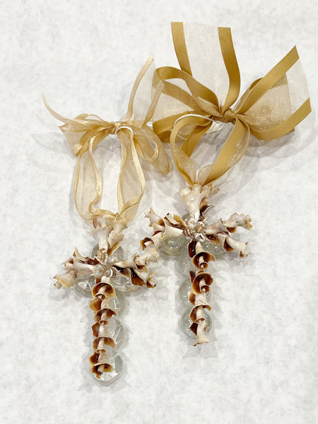 Handmade Seashell Cross on Glass Ornament